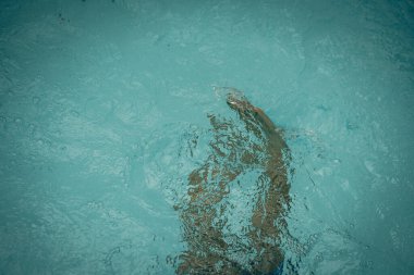 Soyut fotoğraf yaşam tarzı, doğa geçmişi. Suyun altında tanınmayan bir insan vücudu, yüzeye bak. Gizemli bir ruh hali. Ağırlıksız, belirsiz gelecek kavramı, belirsizlik içinde boğulma, çocukluk sorunları