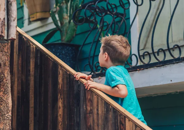 Копирование Космический образ жизни маленький мальчик двигаться вверх по деревянной лестнице держать перила, искать до выражения лица, играть в прятки искать, концепция тщательно искать новые ожидания, образование детские товары Стоковое Изображение