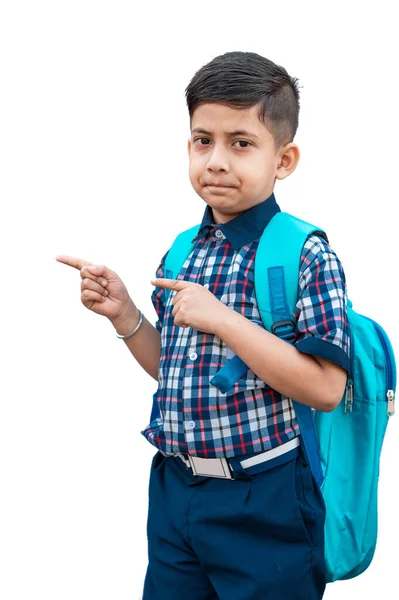 Joven Estudiante Asiático Indio Uniforme Con Mochila Apuntando Sobre Fondo — Foto de Stock