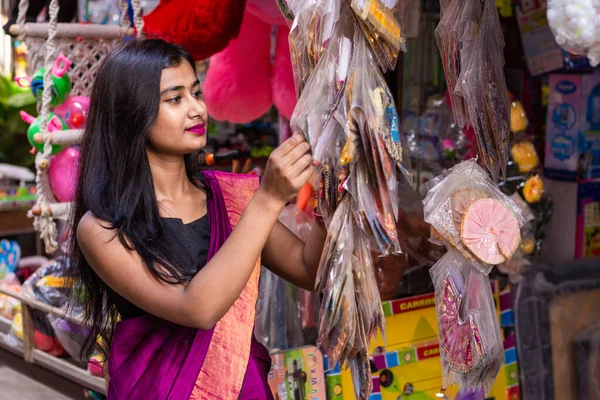 Beautiful Indian Woman Shopping Decorative Products Festive Season Diwali Durga — Stock Photo, Image