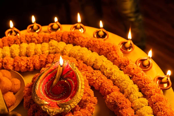 Happy Diwali Clay Diya Lampen Entzündet Während Dipavali Hinduistisches Lichterfest — Stockfoto