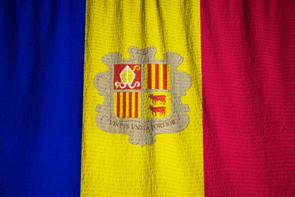 Closeup of Ruffled Andorra Bandeira, Andorra Bandeira Sopro no Vento — Fotografia de Stock