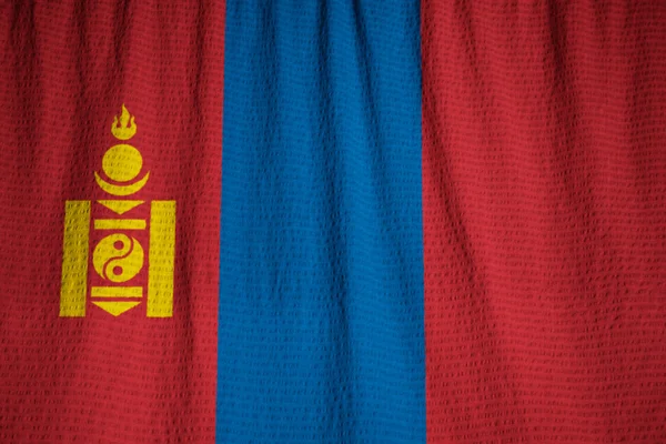 Closeup of Ruffled Bandeira da Mongólia, Bandeira da Mongólia Soprando no Vento — Fotografia de Stock