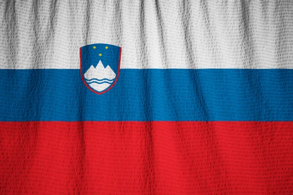 Closeup of Ruffled Slovenia Flag, Slovenia Flag Blowing in Wind