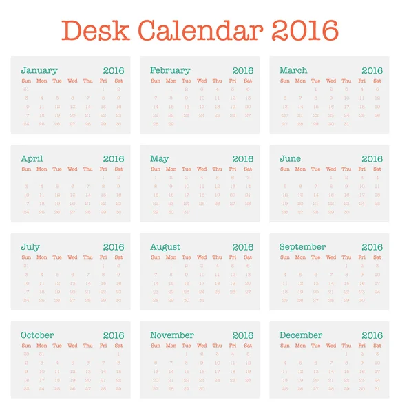 Календарь рабочего стола на 2016 год, простой векторный шаблон — стоковый вектор