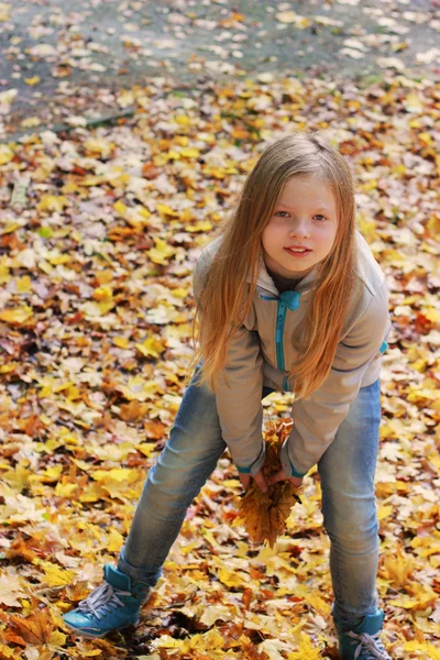 Mädchen wirft Herbstlaub in den Park — Stockfoto