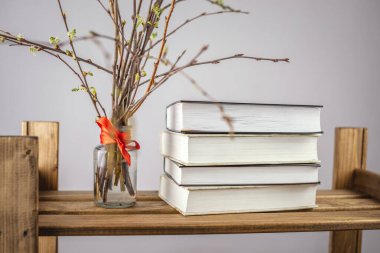 Taze yeşil yaprakların çiçek açtığı bir vazo ve ahşap bir rafta bir yığın kitap. Bahar kavramı ve okumak ve eğitim için hoş bir ortam..