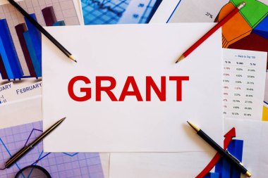 GRANT kelimesi renkli grafikler, kalemler ve kalemlerin yanında beyaz bir arkaplanda yazılmıştır. İş konsepti