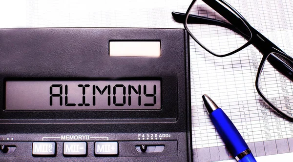 Alimony Written Calculator Black Framed Glasses Blue Pen — Stock Photo, Image