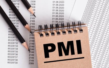 PMI kelimesi kahverengi deftere yazılmıştır. Yakın kalemler.