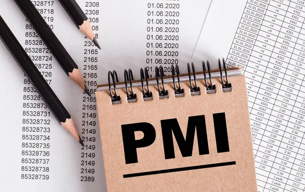 PMI kelimesi kahverengi deftere yazılmıştır. Yakın kalemler.
