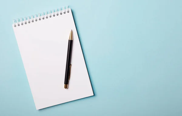 Weißes Leeres Notizbuch Und Stift Auf Hellblauem Hintergrund Platz Zum — Stockfoto