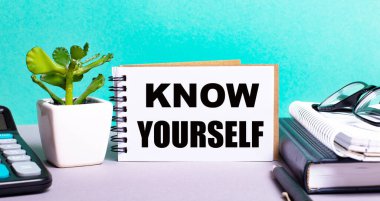 Kendiniz, saksı çiçeği, günlükler ve hesap makinesinin yanındaki beyaz bir karta yazılmıştır. Organizasyon kavramı