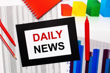 Raporlar ve renk çizelgeleri masada. Ayrıca siyah çerçeveli kırmızı kalemler, kalemler ve kâğıtlar var ve içinde DAILY NEWS yazıyor. Yukarıdan görüntüle