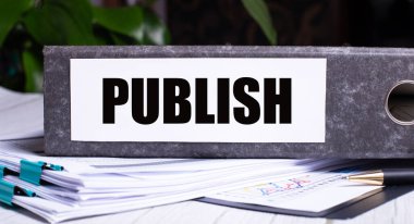 PUBLISH kelimesi belgelerin yanındaki gri bir dosya klasörüne yazılmıştır. İş konsepti