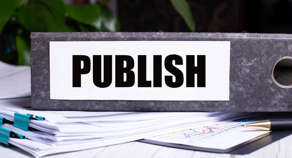 PUBLISH kelimesi belgelerin yanındaki gri bir dosya klasörüne yazılmıştır. İş konsepti