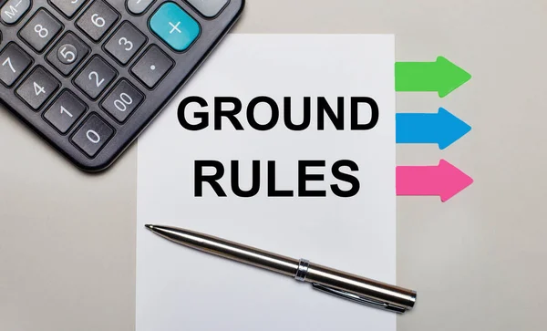 Light Gray Background Calculator White Sheet Text Ground Rules Pen — Stock Photo, Image