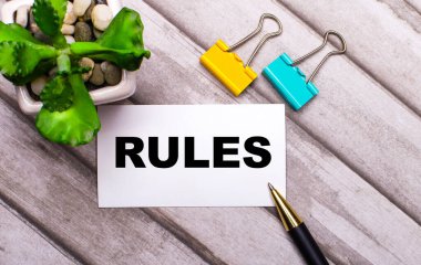 Ahşap bir arka planda, içinde yazı kuralları, sarı ve yeşil ataçlar ve saksıda bir bitki olan beyaz bir kart. Yukarıdan görüntüle