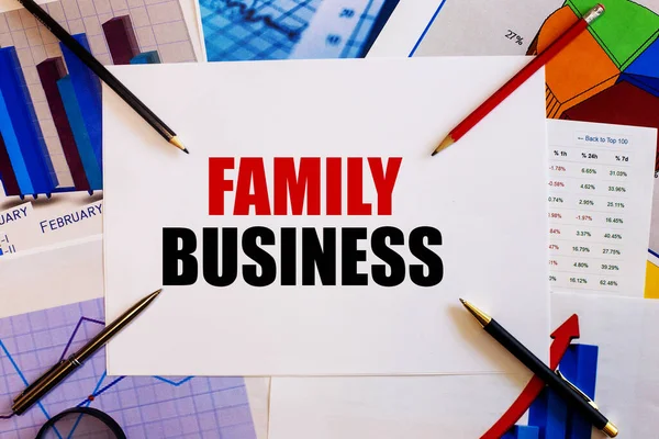 Word Family Business Written White Background Colored Graphs Pens Pencils — Stock Photo, Image