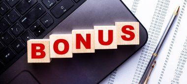 Dizüstü bilgisayarda, kalemin yanındaki tahta küplerde, BONUS kelimesi yazılıdır..