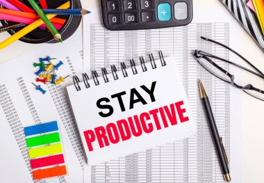 Masanın üzerinde raporlar, hesap makinesi, renkli kalemler ve çıkartmalar, bir kalem ve bir defter var.