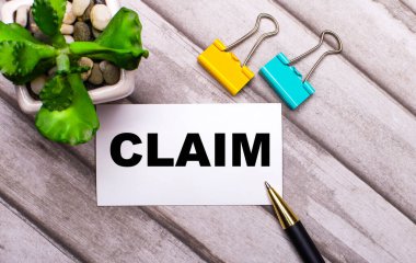 Ahşap bir arka planda CLAIM yazılı beyaz bir kart, sarı ve yeşil ataçlar ve saksıda bir bitki. Yukarıdan görüntüle