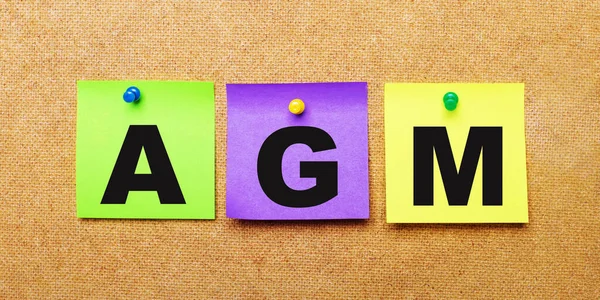 Bej bir arkaplanda, üzerinde AGM Genel Toplantısı yazan notlar için çok renkli çıkartmalar