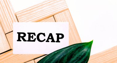 Beyaz arka planda tahta yapı taşları üzerinde RECAP yazılı beyaz bir kart ve bitkinin yeşil bir yaprağı var. Şablon. Yukarıdan görüntüle