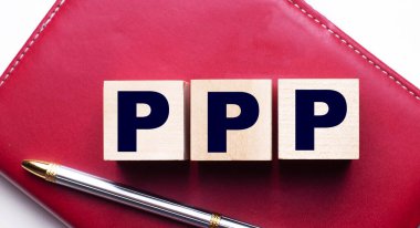 PPP Maaş Koruma Programı kalemin yanındaki bordo bir defterin üzerinde duran tahta küplerden oluşuyor. İş konsepti