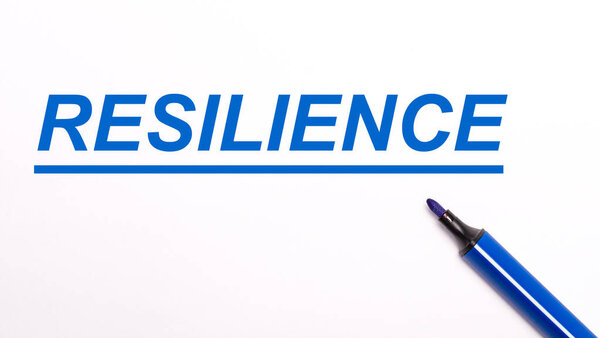 На светлом фоне открытое синее войлочное перо и текст RESILIENCE