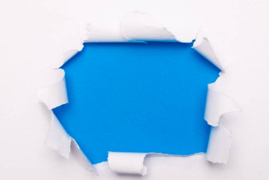 Yırtık beyaz kağıt parlak mavi bir arka planda yatıyor. Şablon. Boşluğu kopyala