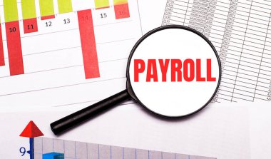 Masaüstünde, grafikler, raporlar, içinde PAYROLL yazan bir büyüteç. İş konsepti