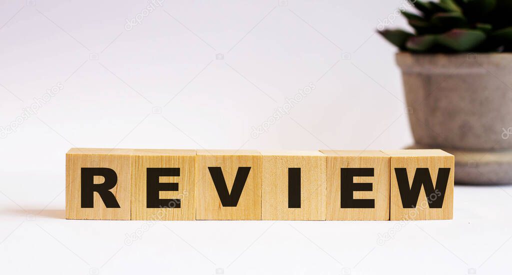 The word REVIEW on wooden cubes on a light background near a flower in a pot. Defocus