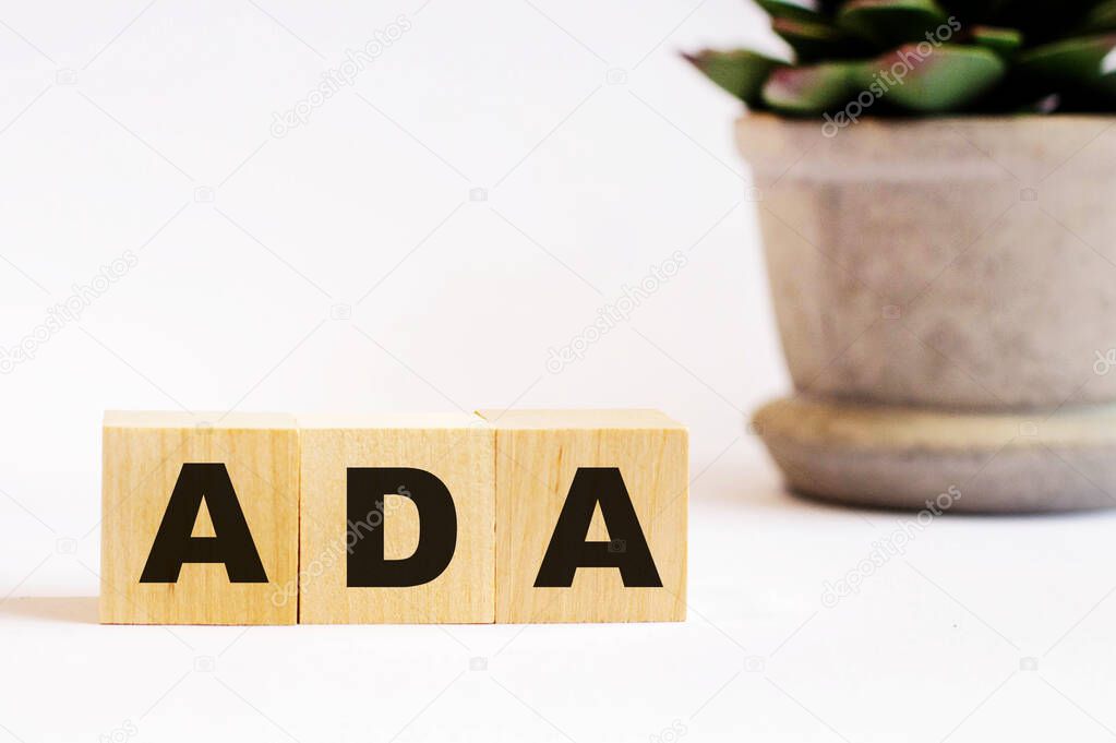 On a light background, wooden cubes with the inscription ADA Americans with Disabilities Act and a flower in a pot. Defocus