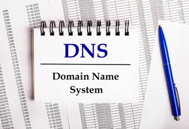 Tablonun üzerinde mavi bir kalem ve DNS Alan Adı Sistemi yazan bir defter bulunan tablolar ve raporlar var.