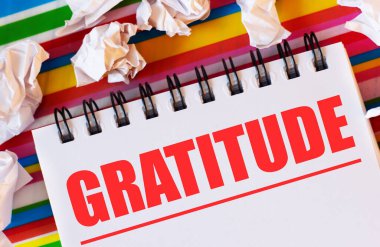 Çok renkli bir arkaplanda beyaz kağıt parçaları ve üzerinde kırmızı GRATITUDE yazılı beyaz bir defter var.