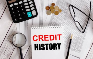 Hesap makinesi, para, gözlük, büyüteç ve kalem yanında beyaz bir not defterine yazılmış CREDIT Tarihçesi. İş konsepti