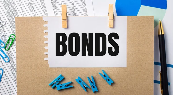 Masaüstünde Raporlar Mavi Mandallar Çizelgeler Bir Kalem Bir Defter Bonds — Stok fotoğraf