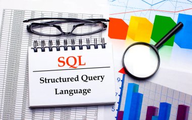 Masaüstünde gözlük, büyüteç, renk çizelgeleri ve SQL Yapılandırılmış Sorgu Dili yazılı beyaz bir defter var. İş konsepti. Yukarıdan görüntüle