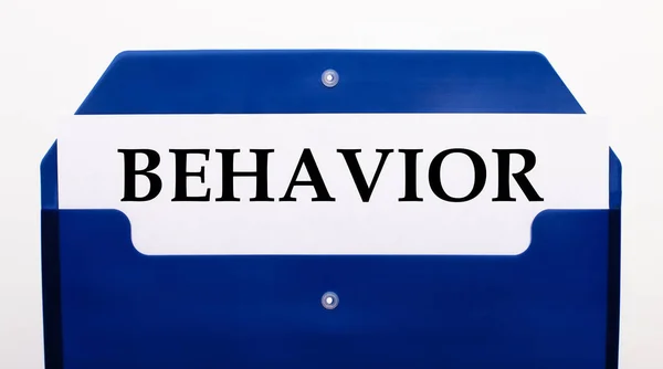 在白色的背景上 蓝色的文件文件夹 文件夹里有一张纸 上面写着 Behavior — 图库照片