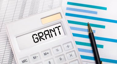 Raporların ve mavi grafiklerin arka planına karşı, GRANT ekranında bir testi olan bir kalem ve beyaz hesap makinesi. İş konsepti