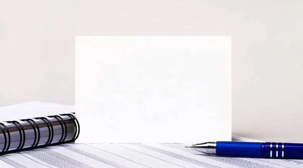 薄い灰色の背景には テキストを挿入する場所を持つノートブック 青いペンと紙のシート テンプレート 事業概念 — ストック写真