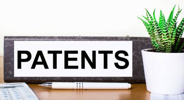Ahşap bir masanın üzerinde içinde PATENTS hamuru, tencerede yeşil bir bitki, bir kalem ve hesap makinesi olan belgeler için bir klasör var. İş konsepti.