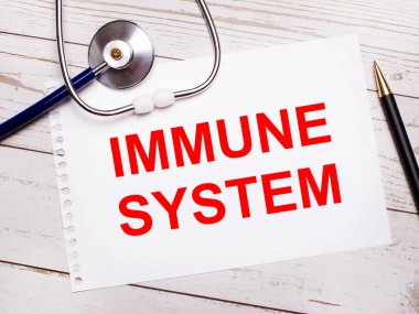 Açık ahşap bir masanın üzerinde steteskop, bir kalem ve IMMUNE SİSTEM yazılı bir kağıt var. Tıbbi konsept