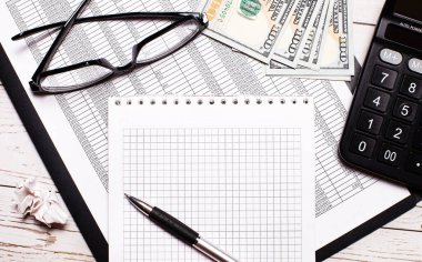 Ofis masasında raporlar, siyah çerçeveli bardaklar, dolar, hesap makinesi ve kalemli bir defter var. İş konsepti. İş yeri kapanıyor.