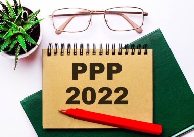 Hafif arkaplanda, altın çerçeveli bardaklar, saksıda bir çiçek, yeşil bir defter, kırmızı bir kalem ve PPP 2022 yazılı kahverengi bir defter.