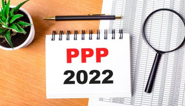 Tahta bir masanın üzerinde raporlar, saksı bitkisi, bir büyüteç, siyah bir kalem ve PPP 2022 yazılı bir defter var.