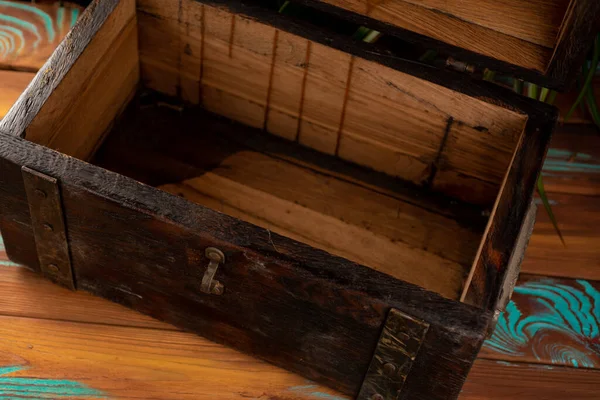old pirate open chest with lock close-up inside against plants background