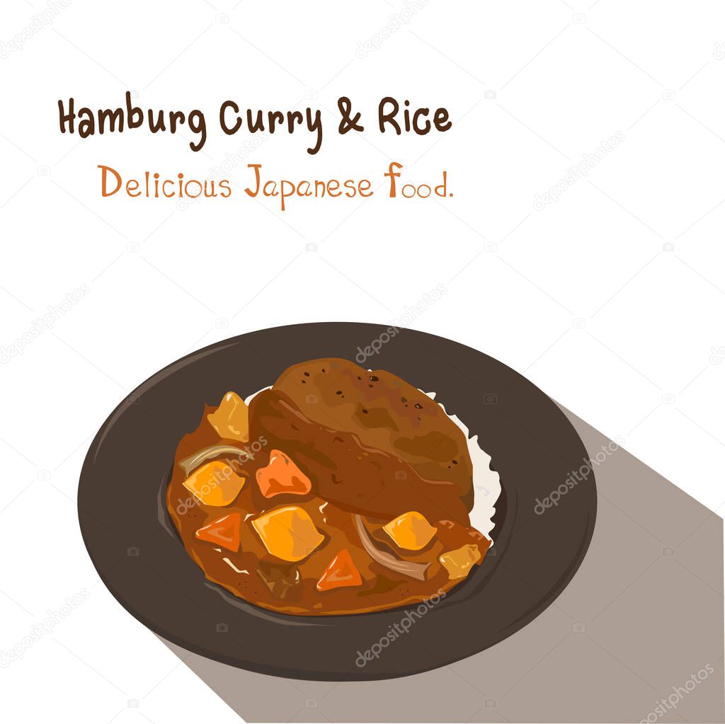 Hamburg steak curry rice vector on white background. Japanese food.