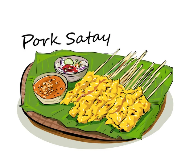 Pork Satay Grillad Fläsk Serveras Med Jordnötssås Eller Söt Och — Stock vektor